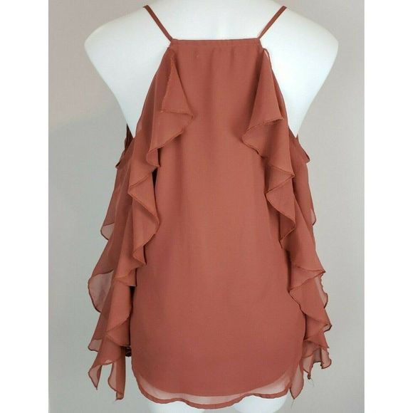 Fourteenth Place Rust Red Orange Cold Shoulder Long Ruffle Sleeved Top S EUC - Picture 2 of 3